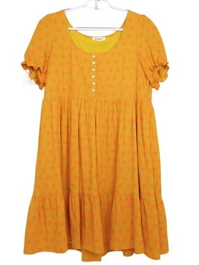 In Loom Mustard Floral Babydoll Dress Large Pink Rose Boho